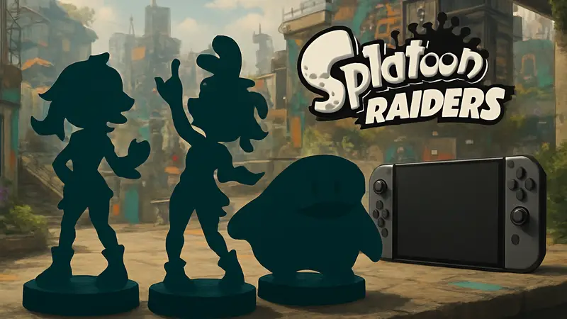 Трио новых amiibo Splatoon Raiders: Shiver, Frye и Big Man, рядом с логотипом игры и Nintendo Switch 2.