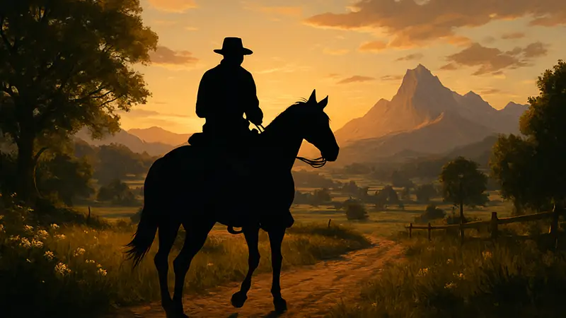 Артур Морган на лошади в детально проработанном мире Red Dead Redemption 2, закат.