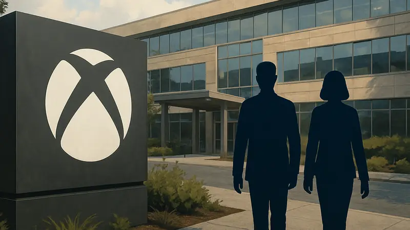 Логотип Xbox на фоне офиса Microsoft после ухода топ-менеджеров.