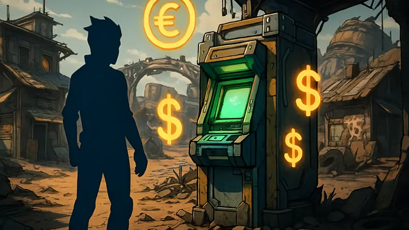 Игрок стоит рядом с банковским терминалом в стилизованной локации из Borderlands 4, с символами валюты.
