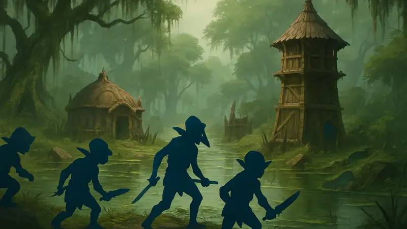 Гоблины в регионе Болотограда из MMORPG Eterspire, с элементами болотного ландшафта и новыми объектами.