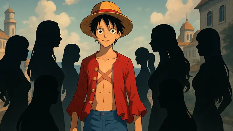 Изображение Луффи из One Piece в окружении девушек, его потенциальных любовных интересов из аниме.