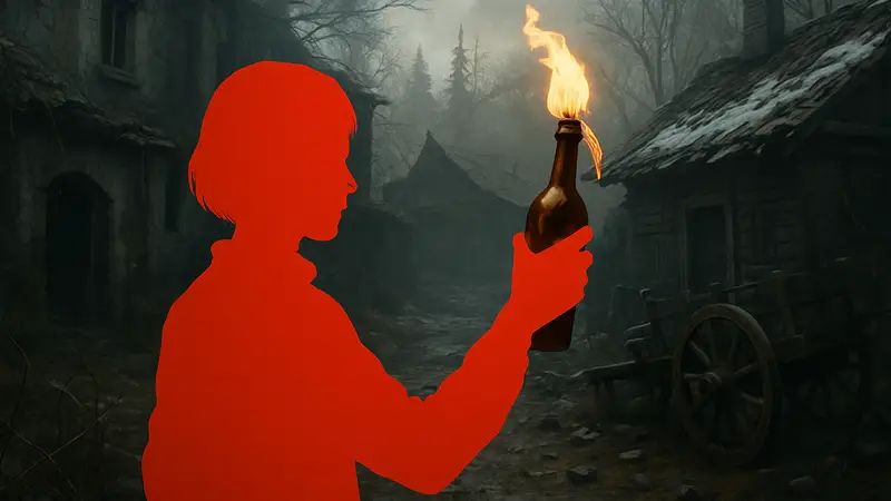 Игровой скриншот из Resident Evil 9, показывающий Грейс, держащую Коктейль Молотова.