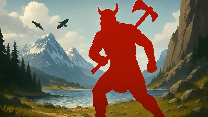 Главный герой игры Glory Ages Vikings в хардкорном бою, викинг с топором на фоне скандинавских пейзажей iOS