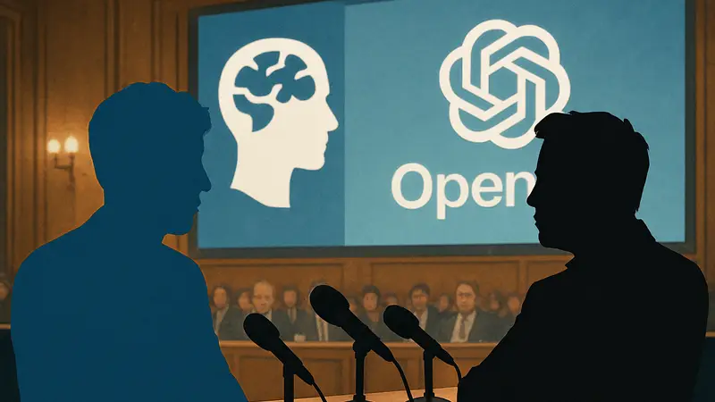 Сэм Альтман и Илон Маск на пресс-конференции, символизирующие конфликт в OpenAI.