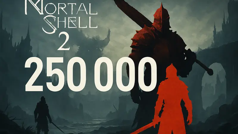 Логотип Mortal Shell 2 на фоне мрачного фэнтезийного мира с цифрой 250 000 загрузок.