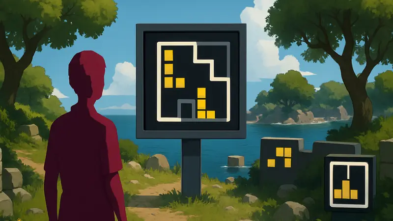 Скриншот из инди-игры-головоломки «Looking for Fael», демонстрирующий элементы Tetris и The Witness.
