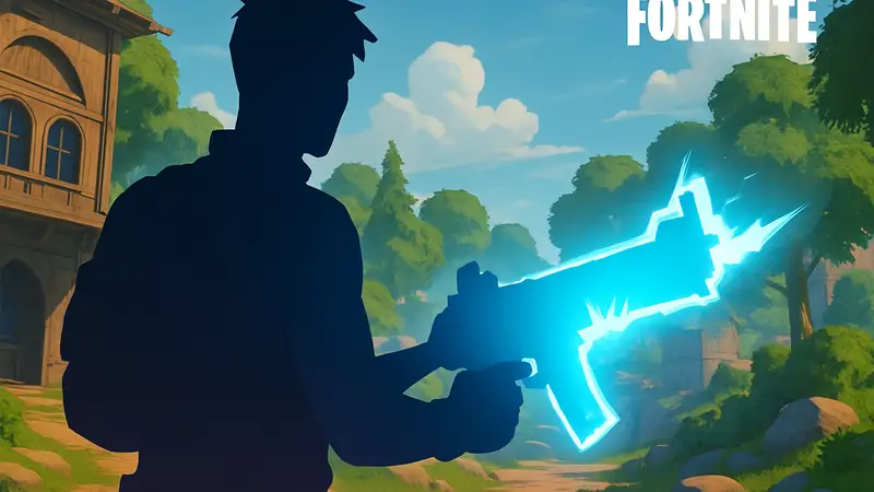 Игрок Fortnite со светящимся секретным оружием в режиме "1V1 With Every Gun", иллюстрация.