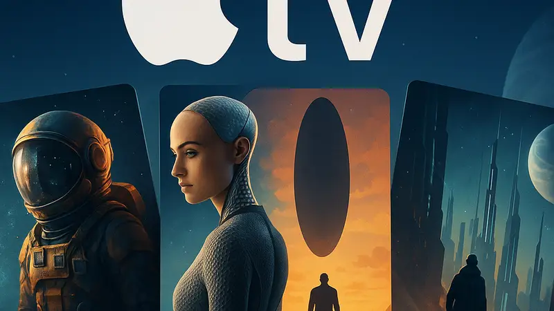 Обложки научно-фантастических фильмов на фоне логотипа Apple TV, символизирующие подборку