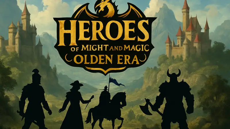 Логотип Heroes of Might and Magic Olden Era, на фоне стилизованных героев стратегии.