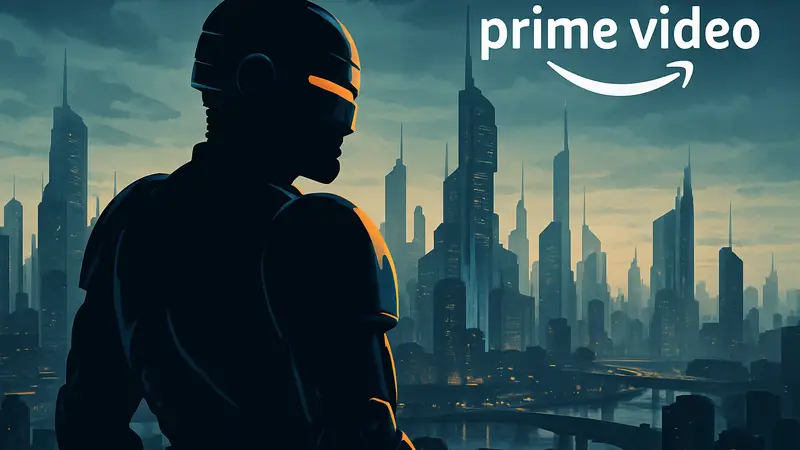 Робокоп на фоне футуристического города, символ Amazon Prime Video в углу.