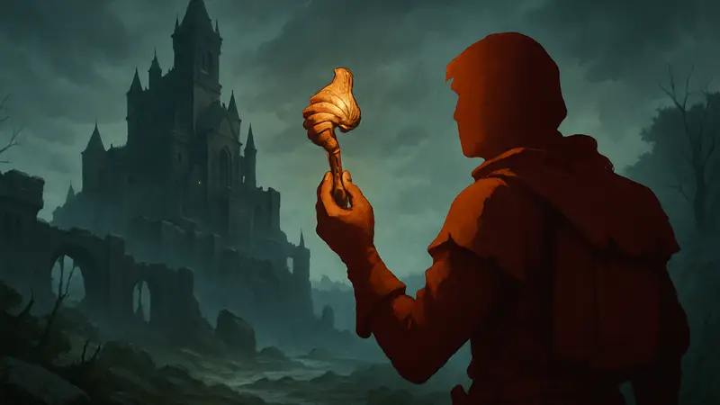 Герой игры No Rest for the Wicked держит Ржавый Ключ-Ракушка, на фоне мрачная Цитадель.