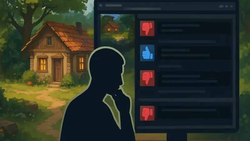 Скриншот игры Outbound с элементами уютного мира, на фоне которого виден интерфейс Steam с отзывами.