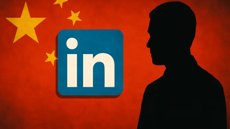 Логотип LinkedIn на фоне китайского флага, символизирующий кибершпионаж