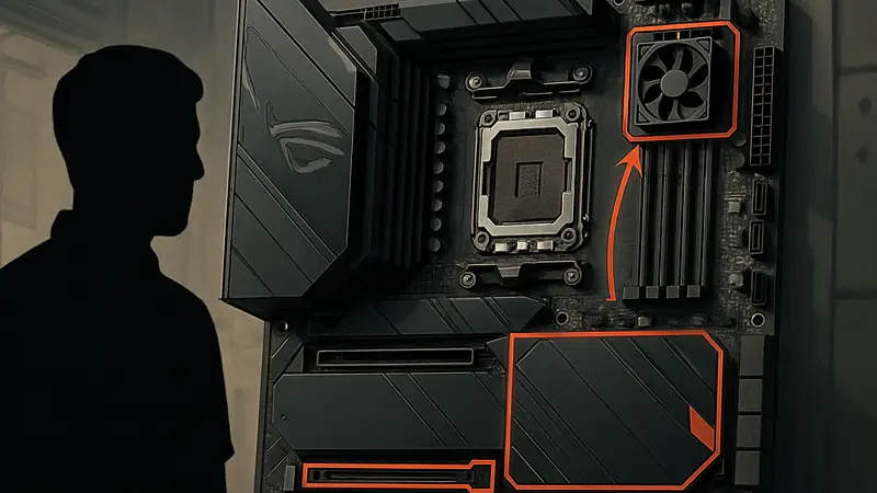 Материнская плата Asus AM5 Crosshair с выделенными скрытыми слотами PCIe и вентилятором RAM.