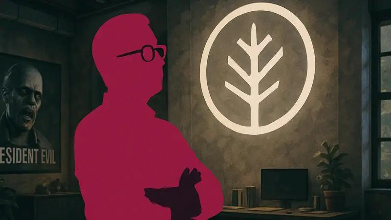 Синдзи Миками, геймдизайнер Resident Evil, на фоне логотипа новой студии