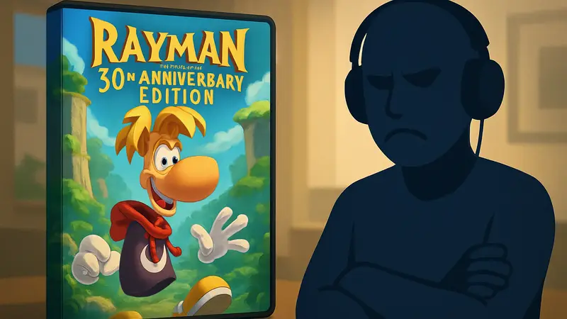 Обложка игры Rayman: 30th Anniversary Edition с недовольным фанатом на  заднем плане, слушающим новую музыку.