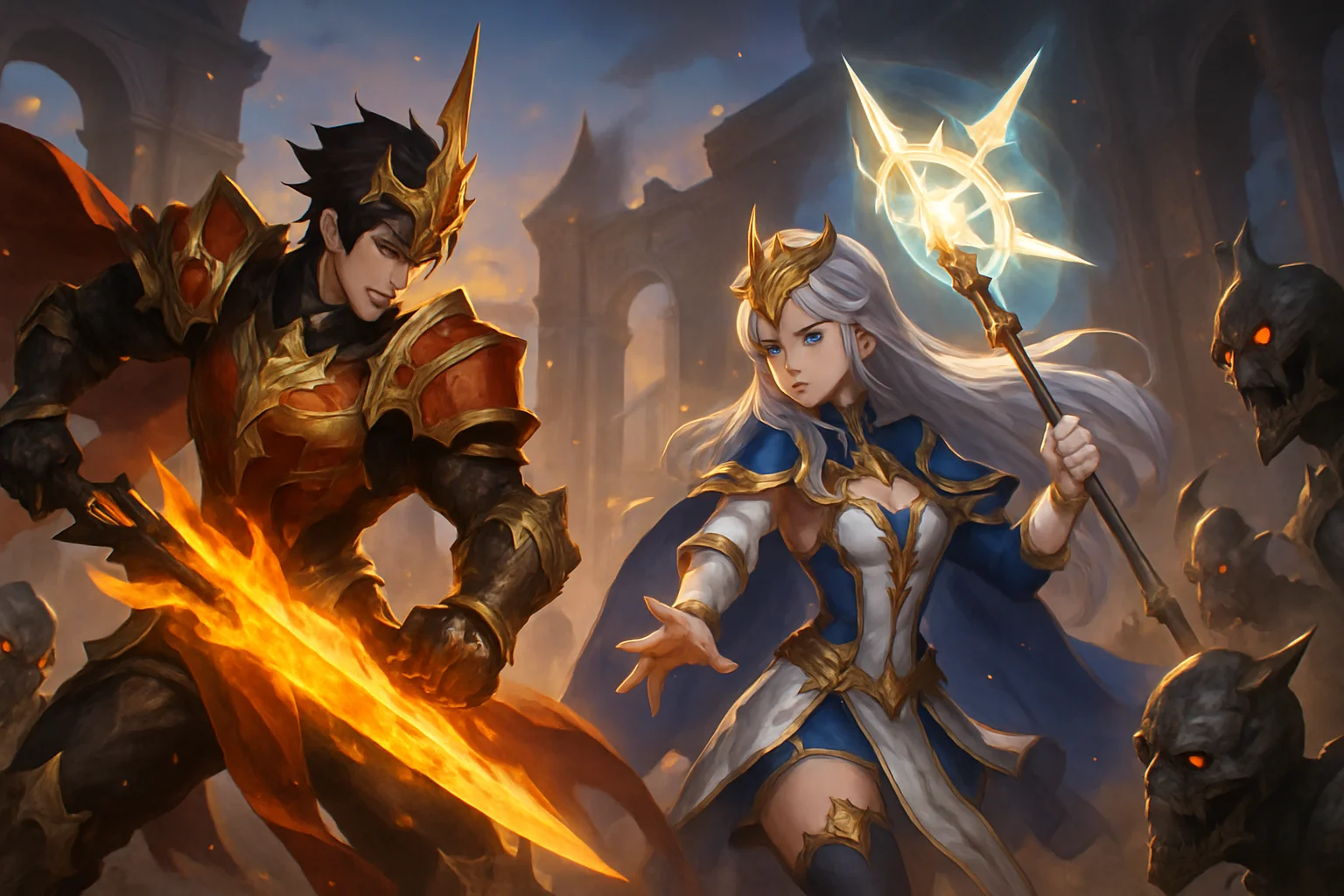 Скриншот из игры Seven Knights Re:Birth, демонстрирующий новых легендарных героев в бою.