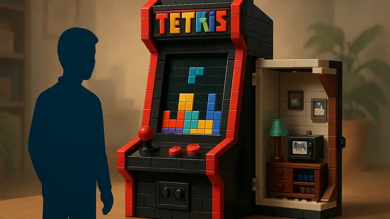 Концепт LEGO-набора в виде аркадного автомата с игрой «Тетрис» и секретной комнатой