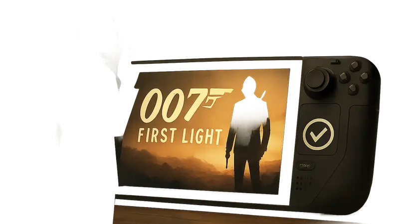 Логотип 007 First Light на фоне Steam Deck, подтверждающий статус Verified для игры.