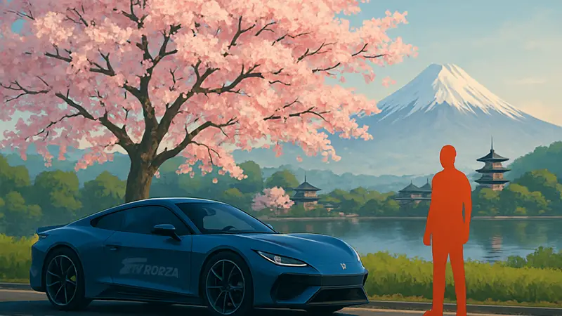 Автомобиль в Forza Horizon 6 едет мимо цветущей сакуры на фоне японского пейзажа