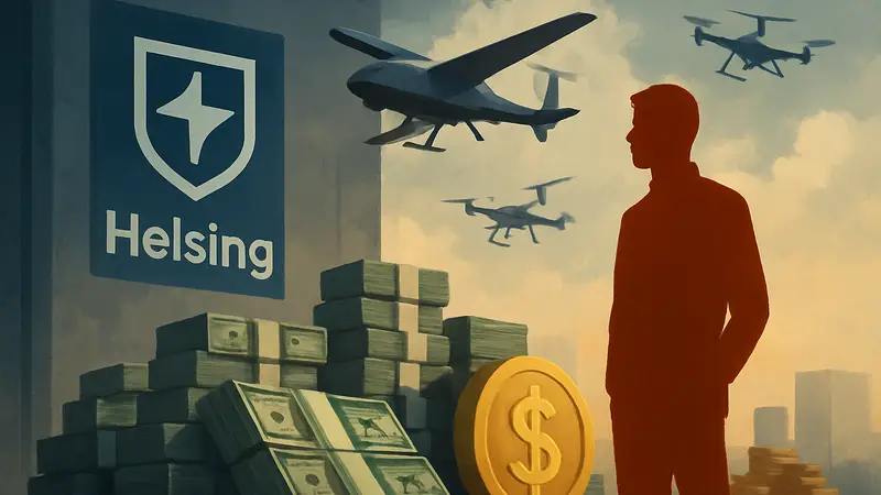 Логотип компании Helsing, иллюстрация оборонных дронов и инвестиций.