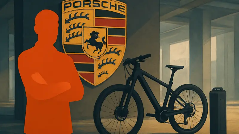 Логотип Porsche на фоне электровелосипеда и батареи, символизирующие закрытие подразделений
