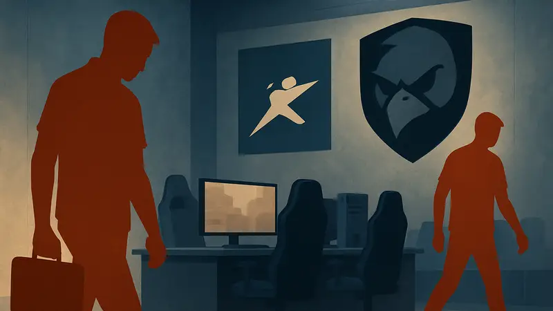 Киберспортсмены birdfromsky и b0RUP на фоне логотипа HLTV, символизирующие уход из kONO из-за зарплаты.