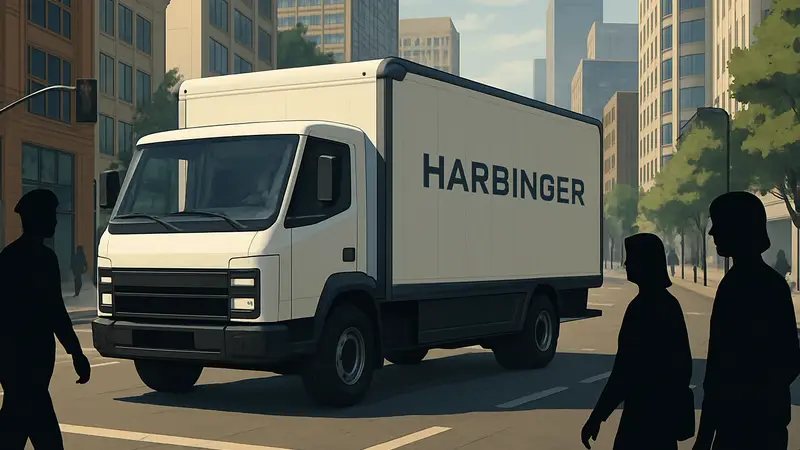 Электрический рабочий грузовик Harbinger в движении по городу