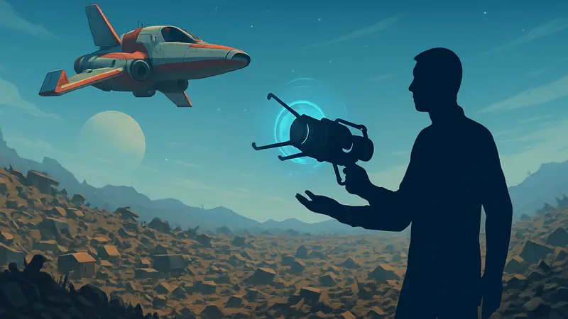 Космический корабль из No Man's Sky и гравипушка, парящая над планетой, полной мусора