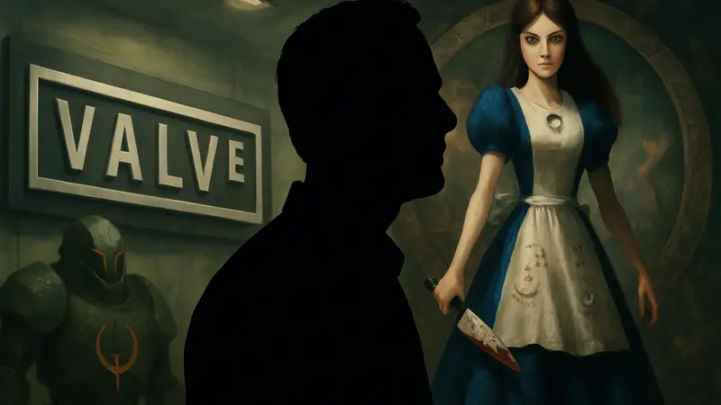 Американ МакГи, создатель игры Alice, на фоне логотипа Valve и Quake 2