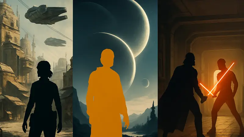 Концепт-арты Star Wars Outlaws, Star Wars Eclipse и скриншот из ремейка Knights of the Old Republic, анонсированные игры по Звёздным Войнам.
