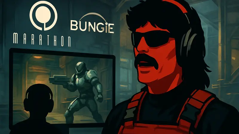 DrDisrespect в характерном образе, логотипы Marathon и Bungie, скриншот из стрима.