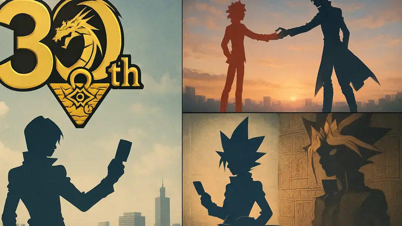 Юбилейный логотип Yu-Gi-Oh манги и кадры из музыкального клипа с песней Overlap