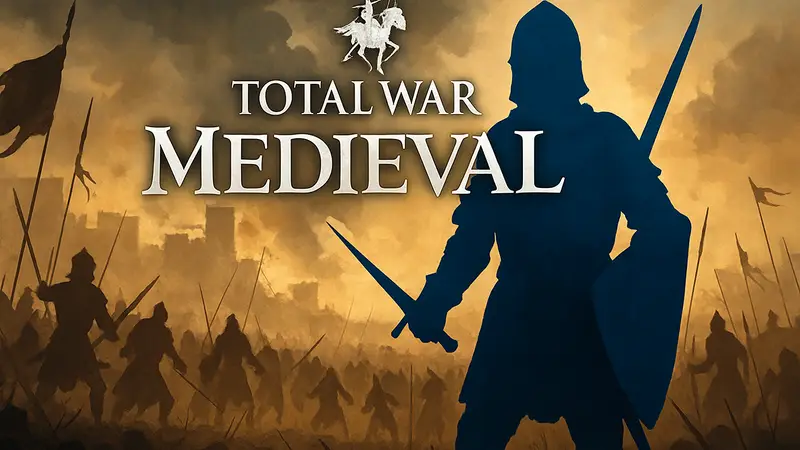 Изображение логотипа Total War Medieval, на фоне средневековой битвы.