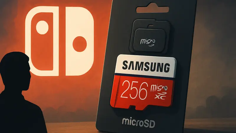 Упаковка карты памяти Samsung microSD на фоне логотипа Nintendo Switch.