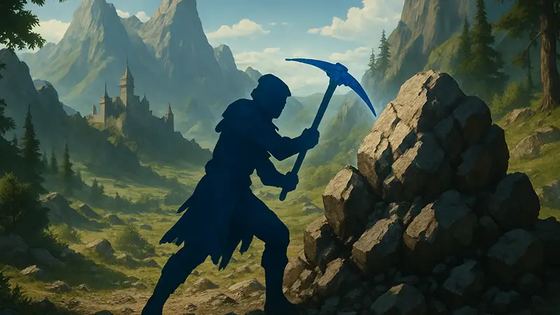 Игрок в Crimson Desert с киркой Бернора в руках, добывающий руду в фэнтезийном мире.