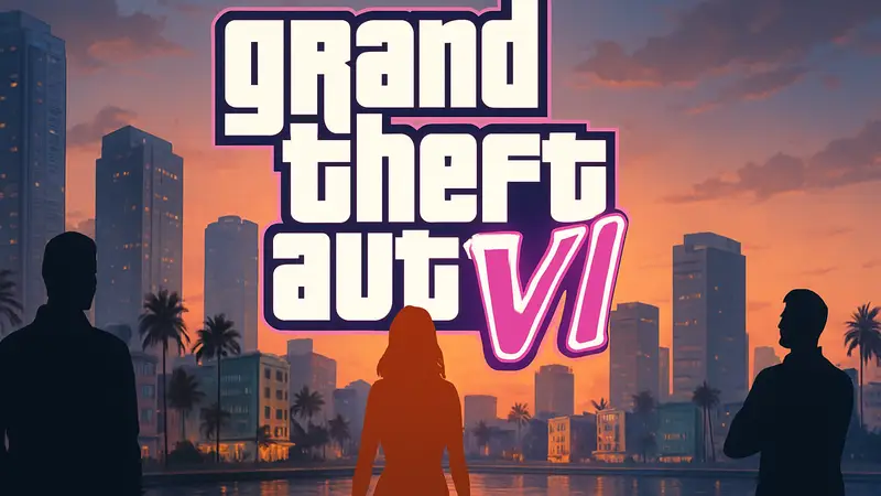 Логотип GTA VI на фоне города Вайс-Сити, отражающий будущую рекламную кампанию игры