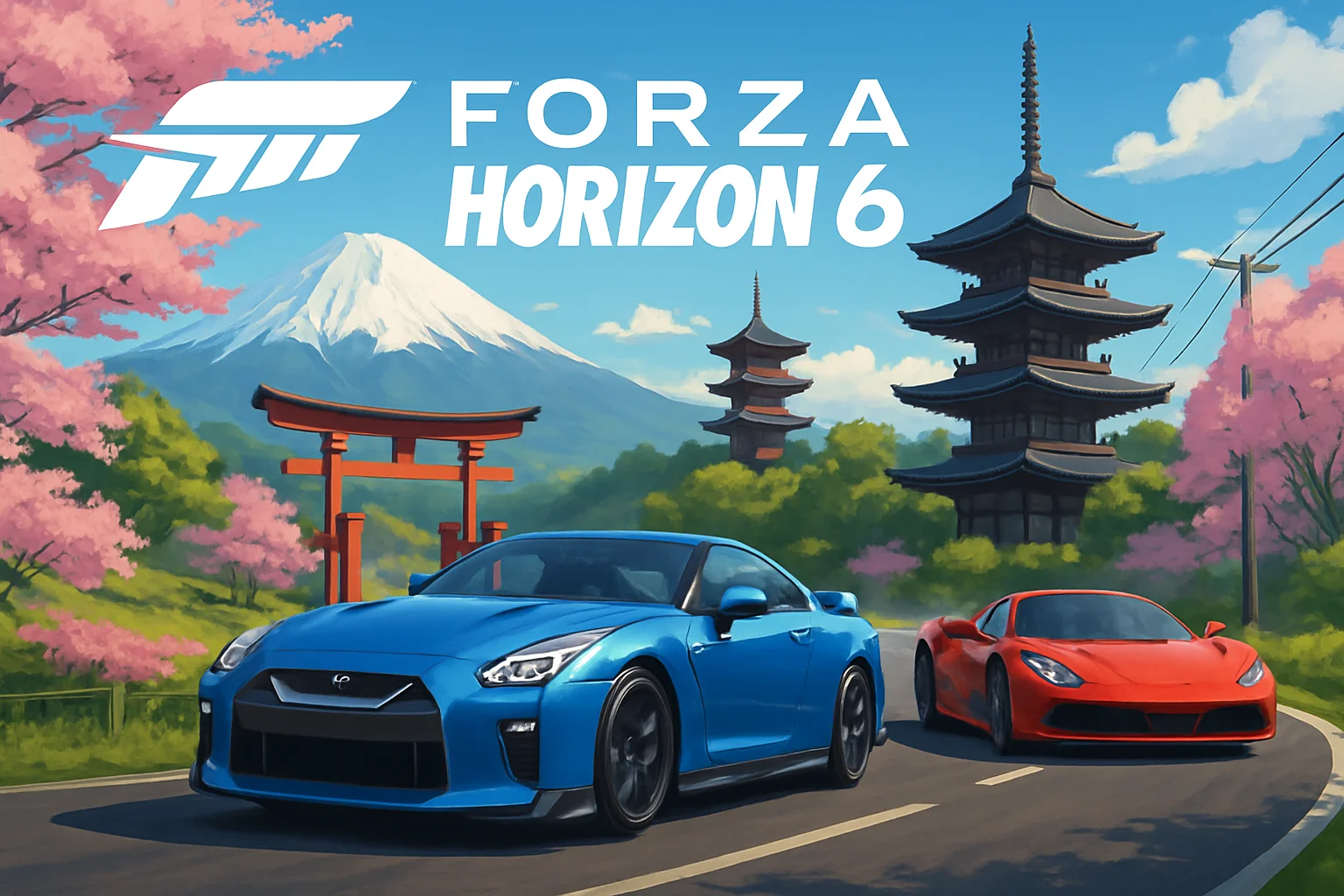 Обложка игры Forza Horizon 6 с японскими пейзажами и гоночными автомобилями, демонстрирующая новую карту.