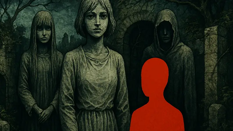 Обложка манги Дзюндзи Ито «Статуи» с элементами хоррора и загадочными фигурами.