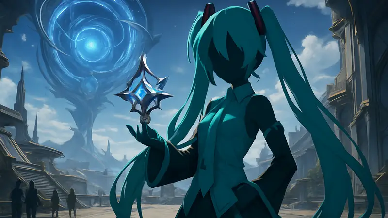 Хацунэ Мику в стилистике Honkai: Star Rail, держит предмет из игры