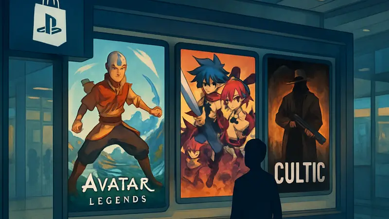Обложки игр Avatar Legends, Disgaea Mayhem, CULTIC на фоне PlayStation Store. Новые релизы игр для PS.