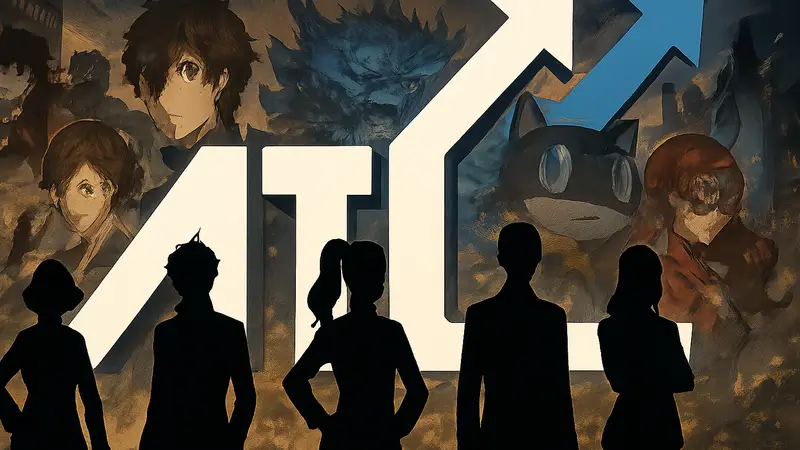 Логотип Atlus на фоне серии Persona, символизирующий рекордный рост прибыли и мультиплатформенность.