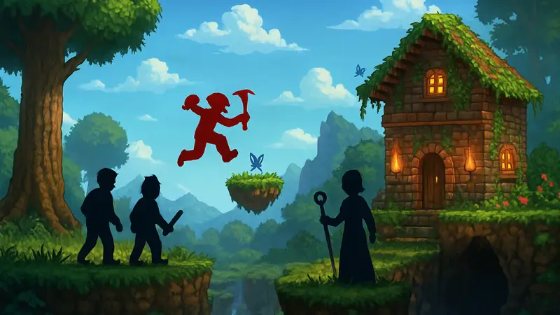 Скриншот из игры Terraria, показывающий мир, персонажей и элементы нового контента.