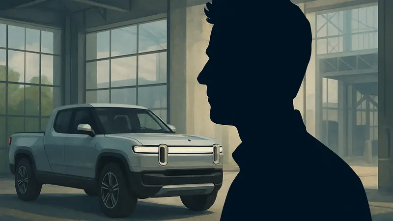 Портрет RJ Scaringe, основателя Rivian, на фоне изображения электромобиля или стартапа