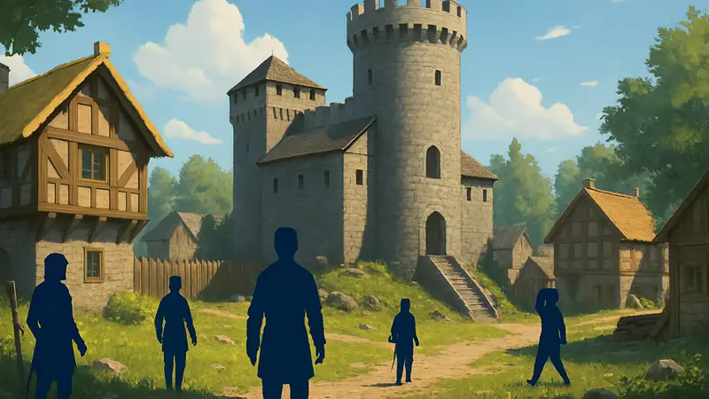 Игровой скриншот Going Medieval 1.0 с видом на средневековое поселение в солнечный день