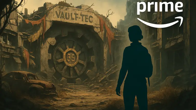 Кадр из сериала Fallout, показывающий измененную культовую локацию из игры, с логотипом Amazon Prime.