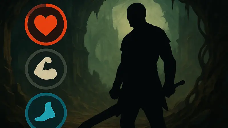 Обзор системы характеристик в Grime 2: шкалы здоровья, силы и ловкости персонажа.