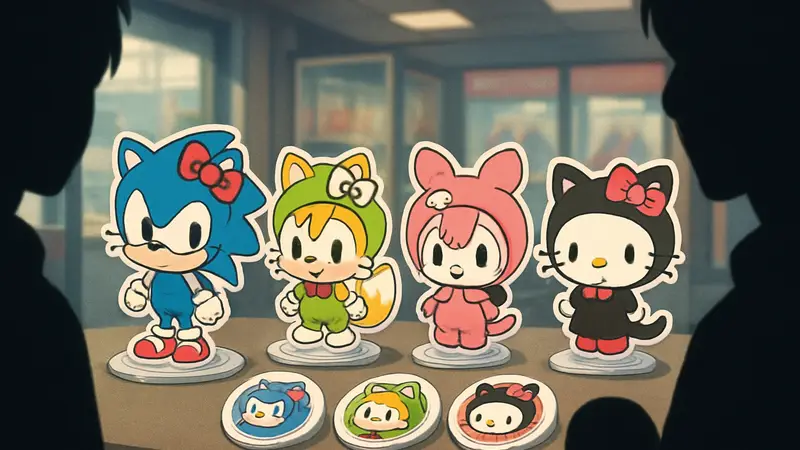Чиби-версии Соника и друзей в костюмах персонажей Sanrio на акриловых стендах и значках.