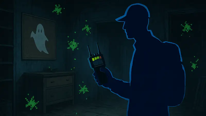 Игровой персонаж из Phasmophobia с прибором для ловли призраков, символизирующий обновление и баги.
